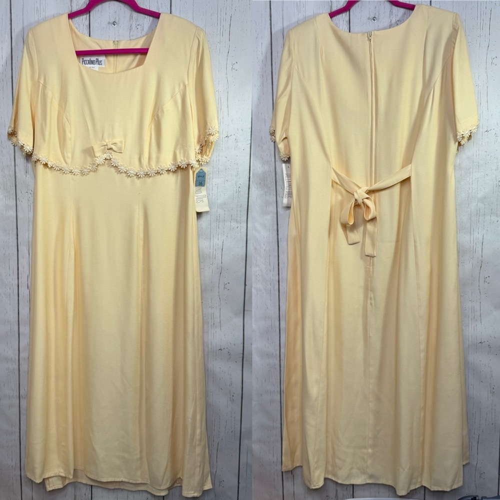 Vintage Piccalino Plus Yellow Maxi Dress 16 Lace Trim Bow Detail Cottagecore